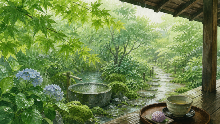 雨粒を受けて緑を深める宿の庭を軒下から眺めた生成ビジュアル
