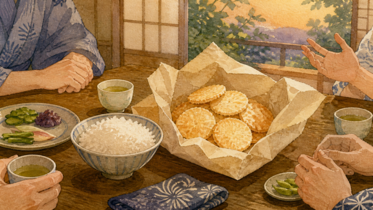 宿に届いた煎餅と白いご飯を囲んだ2015年夏の食卓の思い出を描く生成ビジュアル