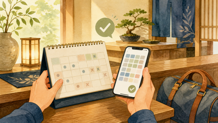 温泉旅館の休館日を予約前にカレンダーと予約画面で確認する場面の生成ビジュアル