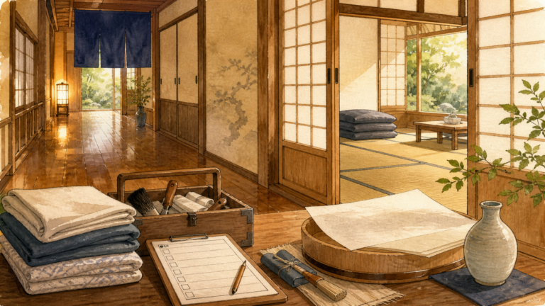 障子や木部を手入れし次のお迎えを整える旅館のメンテナンス時間を描いた生成ビジュアル