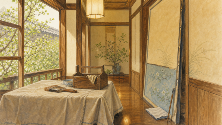 春の光が差す旅館で建具を丁寧に整える時間を描いた生成ビジュアル
