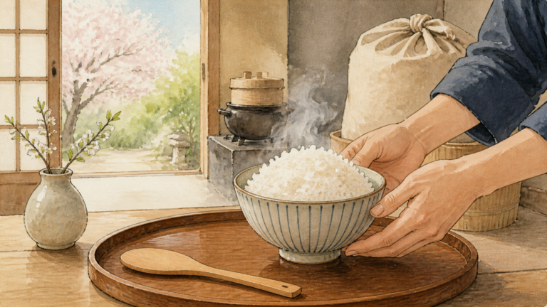 炊きたての白いご飯を前に宿のお米を見直した2015年春の記憶を描く生成ビジュアル