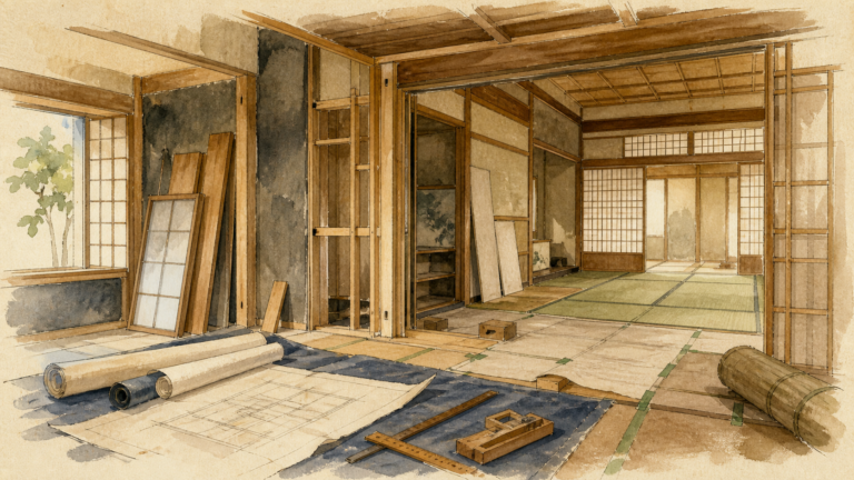 和室と寝室を整える温泉宿の客室改修工程を建築記録風に描いた生成ビジュアル