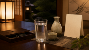 温泉旅館で水と鍵を分けてお酒を節度ある形で楽しむ生成ビジュアル
