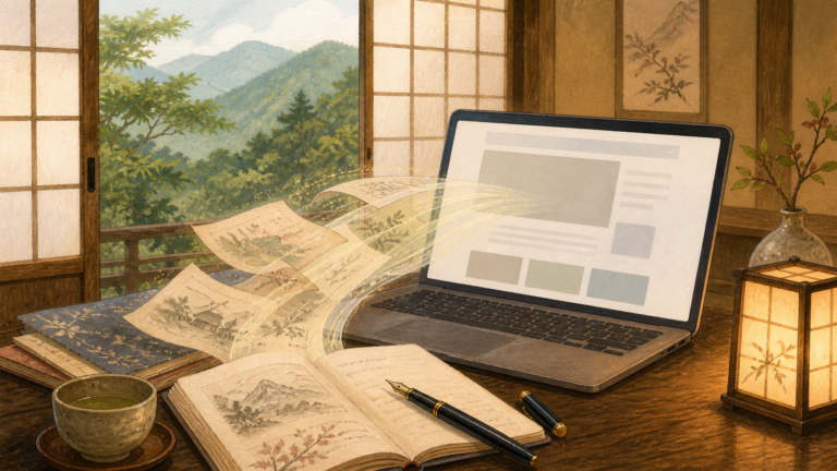 旅館の机で手書きの物語をウェブへつなぐ様子を描いた生成ビジュアル