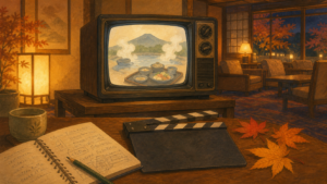 秋の夜に旅館のテレビ放送を静かに見守る記憶を描いた生成ビジュアル