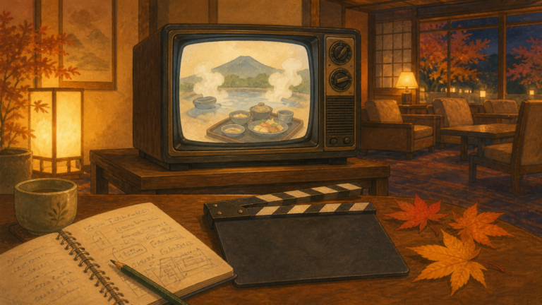 秋の夜に旅館のテレビ放送を静かに見守る記憶を描いた生成ビジュアル