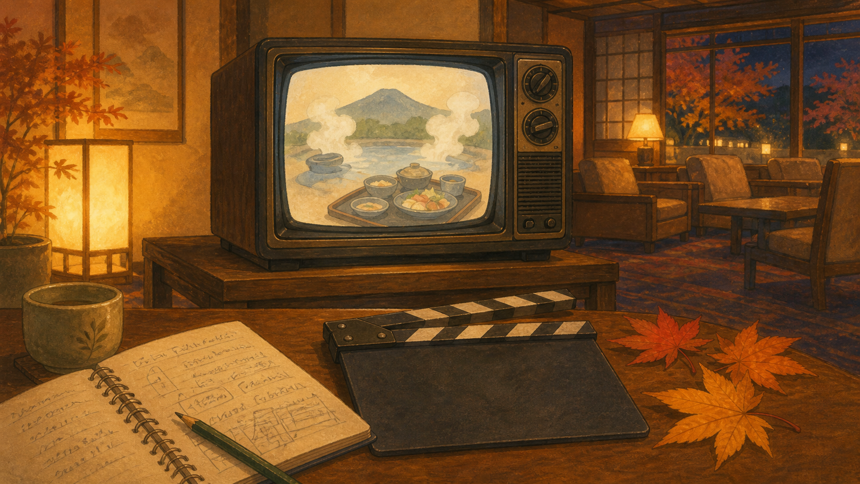 秋の夜に旅館のテレビ放送を静かに見守る記憶を描いた生成ビジュアル