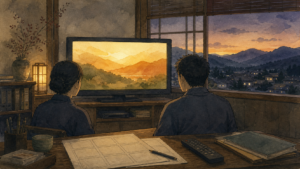 テレビ画面と絵コンテを前に旅館CMが届く様子を見守った2015年の生成ビジュアル