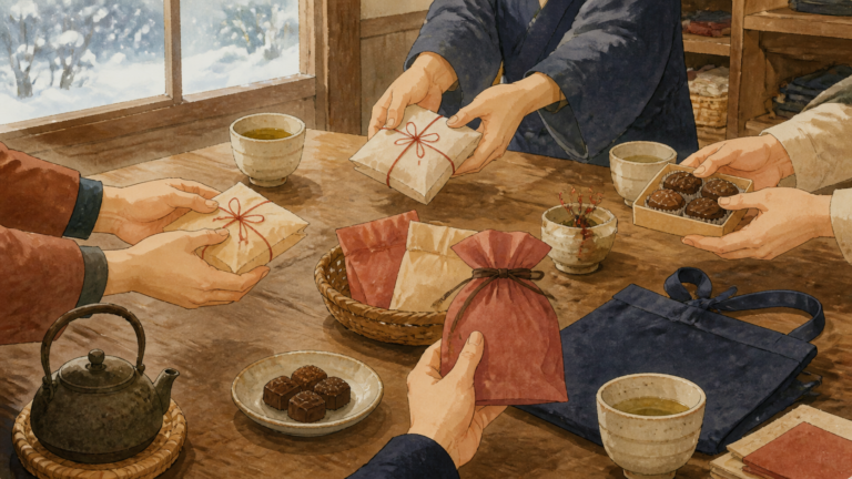 旅館のスタッフが甘い贈り物を囲んだ2015年のバレンタインの思い出を描く生成ビジュアル