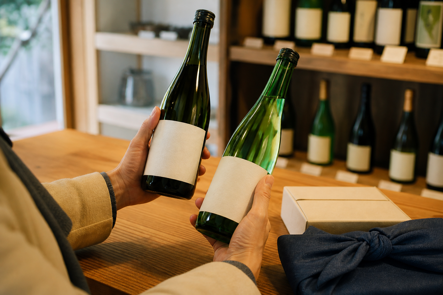 温泉旅行のお土産に無銘柄の日本酒を見比べる旅行者の利用イメージ