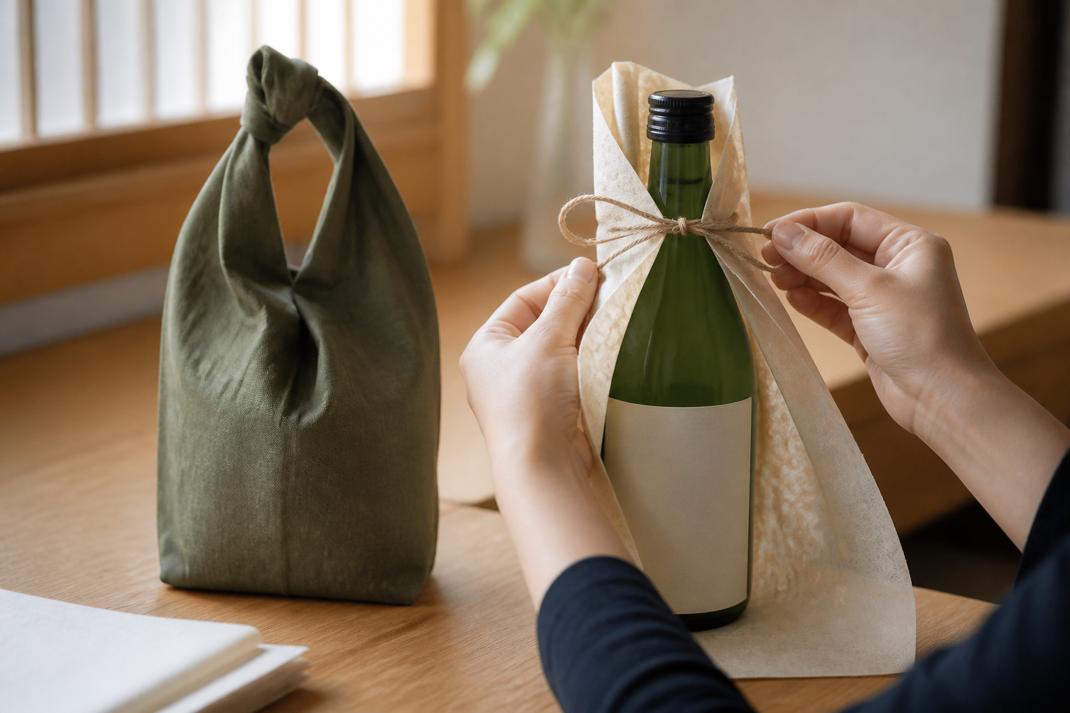 無銘柄の日本酒瓶を紙と紐で包み旅行用の布袋へ入れる利用イメージ