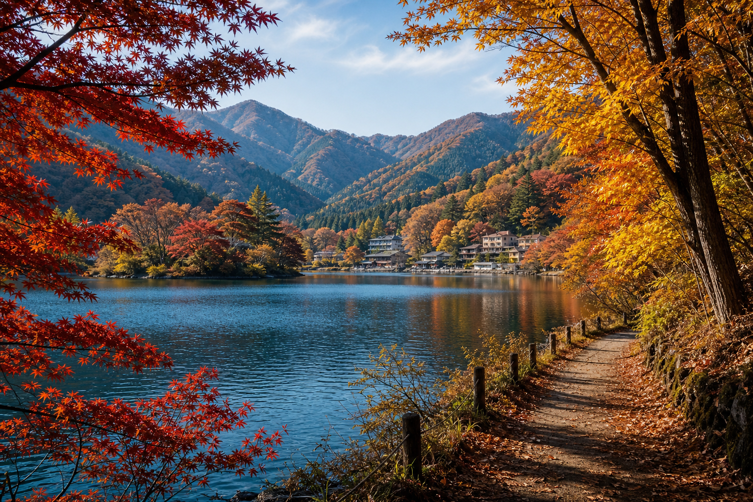 赤谷湖と山々を赤や金の紅葉が彩る猿ヶ京温泉の秋のイメージ
