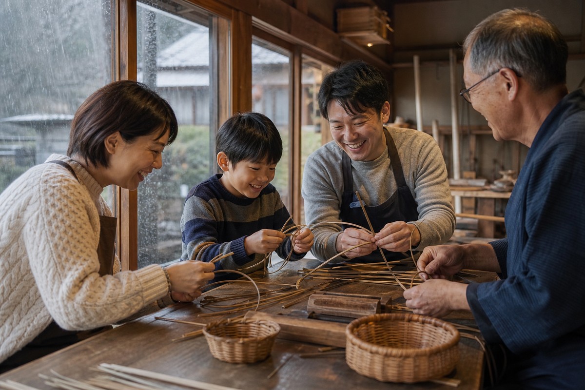 雨の日に家族で工芸体験を楽しむ様子
