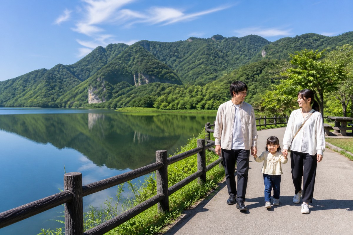 赤谷湖を思わせる湖畔を家族で散策する様子