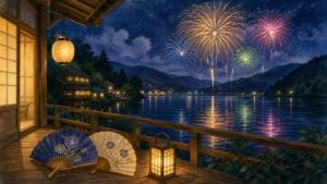 山あいの湖に映る夏の花火と宿の灯りを描いた生成ビジュアル