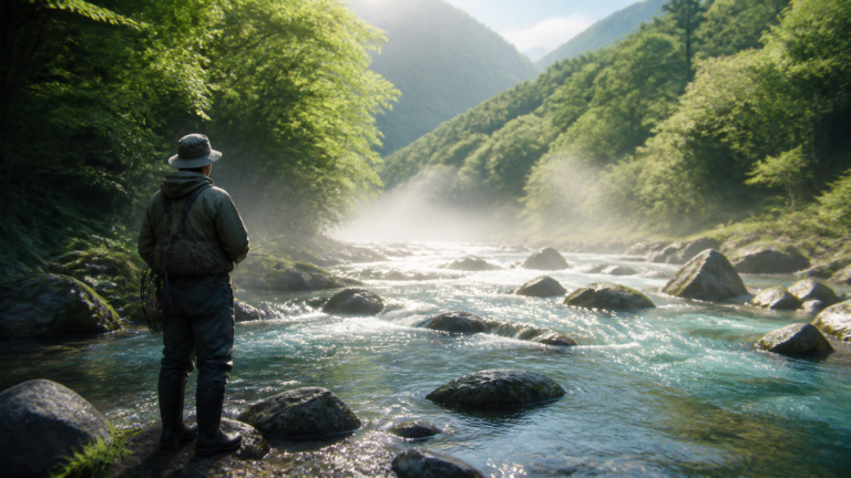 朝霧と木漏れ日の中で渓流に立つ釣り人のイメージ画像
