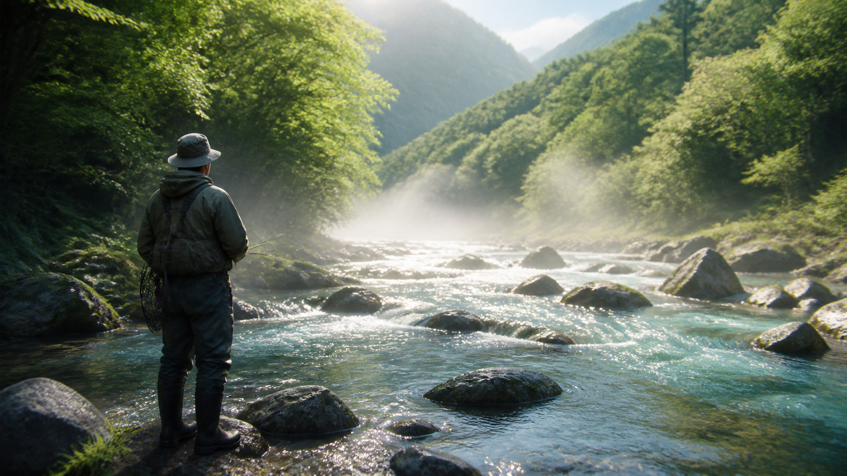 朝霧と木漏れ日の中で渓流に立つ釣り人のイメージ画像