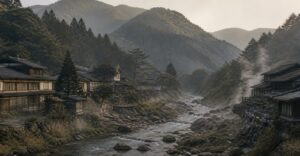 昭和期の赤谷川沿いにあった山間の温泉集落を一般化して表した利用イメージ