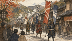 秋の温泉街を進む匿名の武者行列を2015年の地域行事の記憶として描いた生成ビジュアル