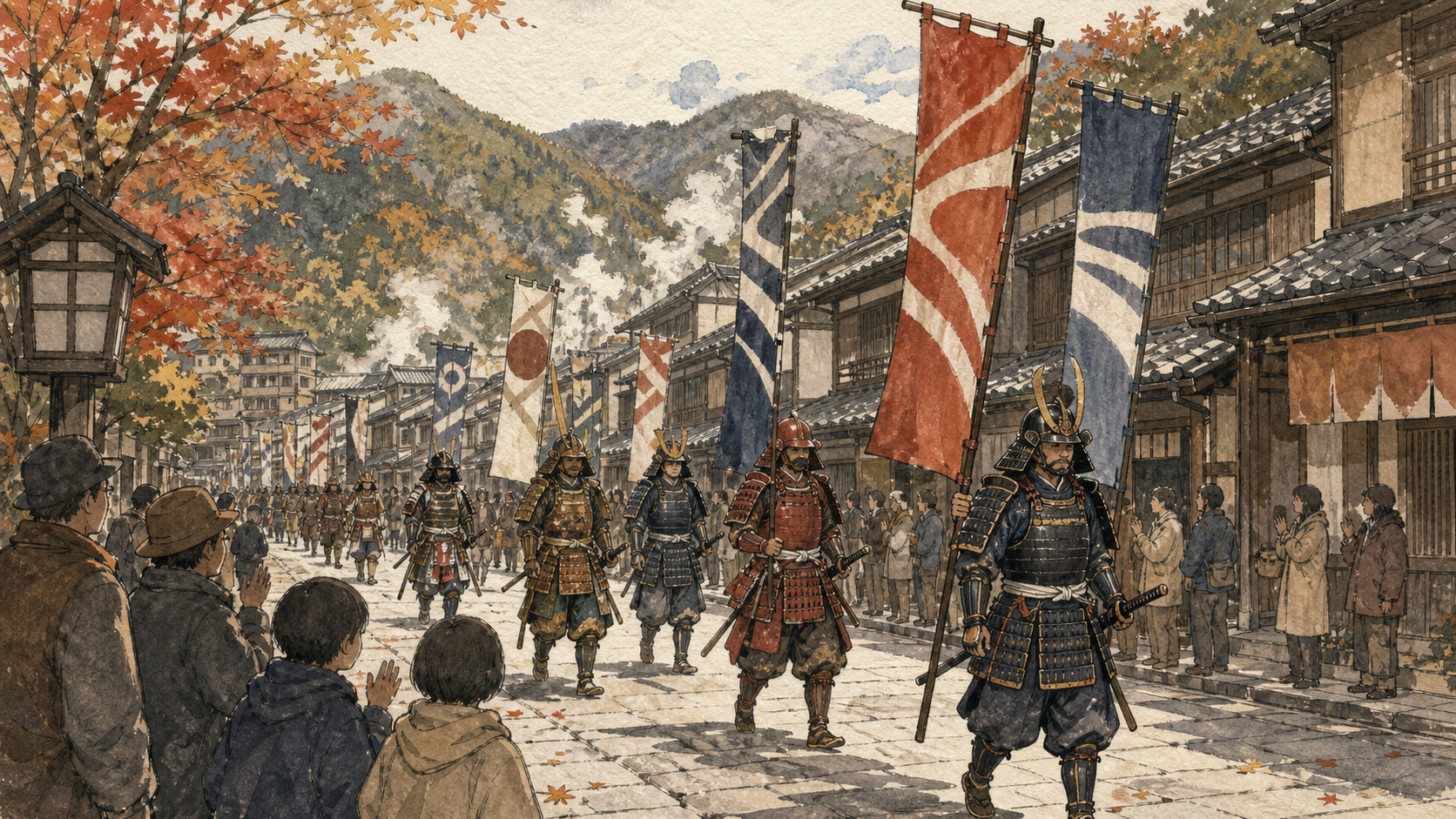 秋の温泉街を進む匿名の武者行列を2015年の地域行事の記憶として描いた生成ビジュアル