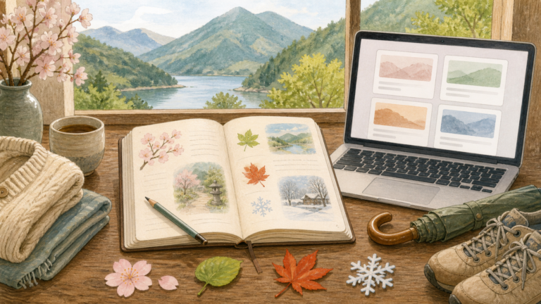 猿ヶ京の四季を思い浮かべながら旅支度をする机を描いた生成ビジュアル