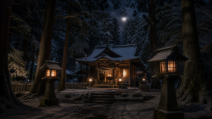 雪の杉木立と月明かりに包まれた山里の神社の夜を表現した生成イメージ