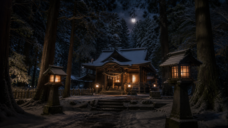 雪の杉木立と月明かりに包まれた山里の神社の夜を表現した生成イメージ