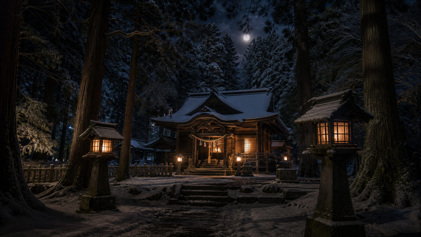 雪の杉木立と月明かりに包まれた山里の神社の夜を表現した生成イメージ