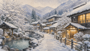 雪に包まれた猿ヶ京温泉の静かな山里を描いた生成ビジュアル
