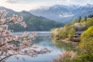 桜と新緑と湖で猿ヶ京温泉の春旅を表現した生成ビジュアル