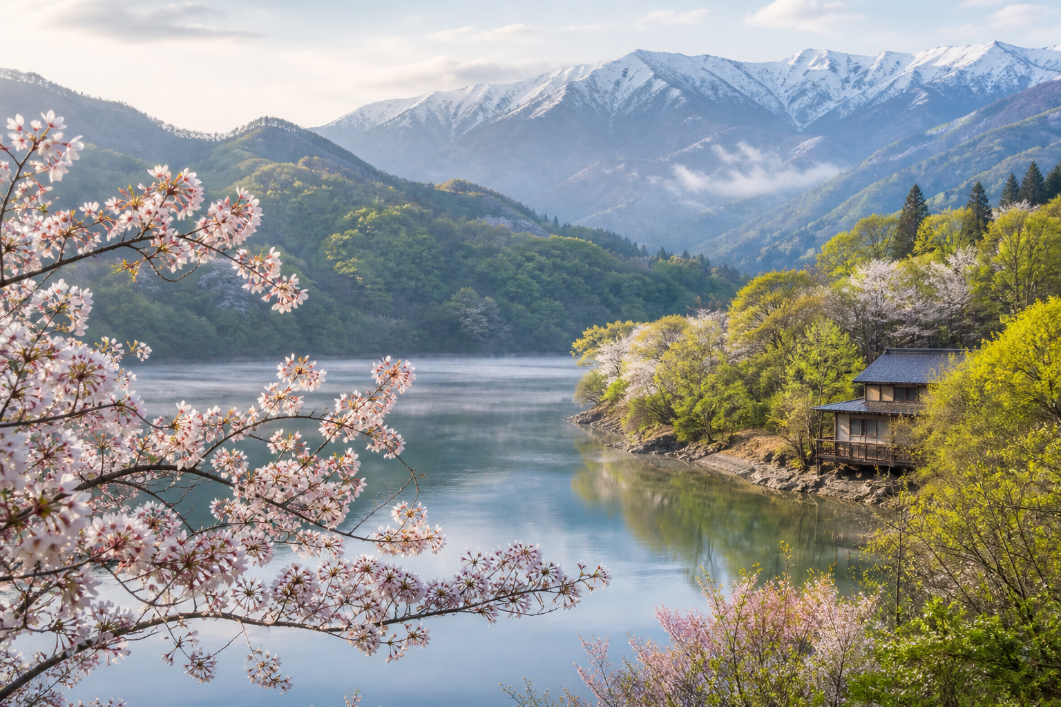 桜と新緑と湖で猿ヶ京温泉の春旅を表現した生成ビジュアル