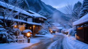 猿ヶ京温泉の冬をイメージした雪の宿と除雪された道路の生成画像