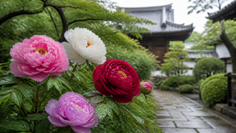 雨上がりの寺院の庭で咲く白や桃色、深紅の牡丹を表現した生成イメージ