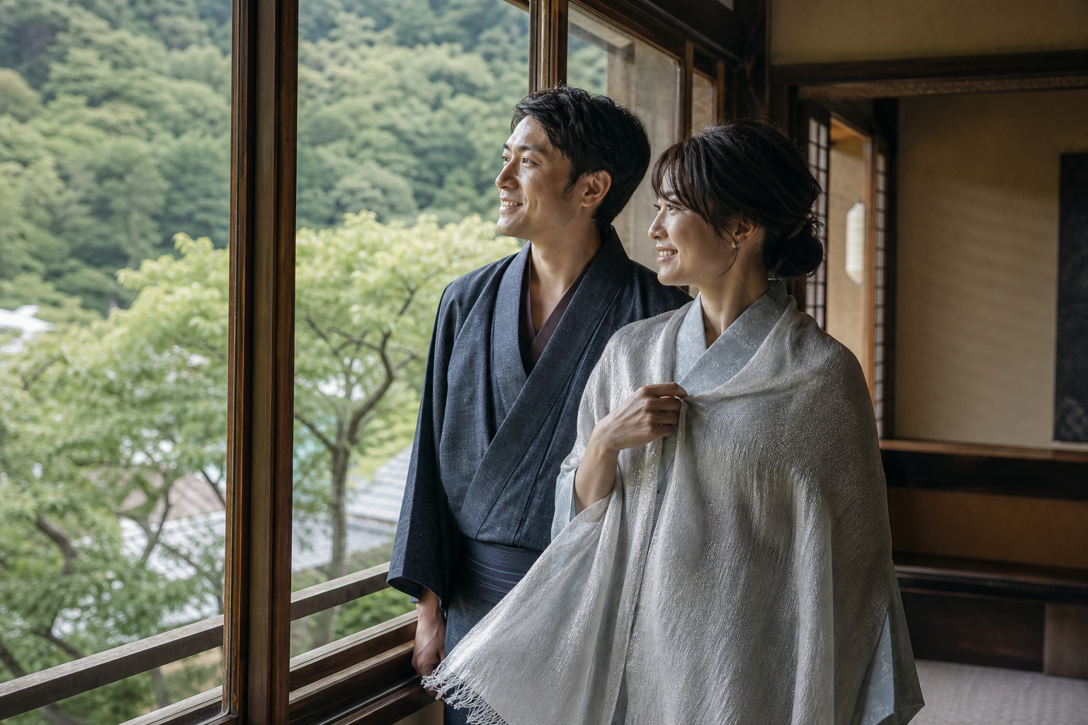 旅館の窓辺でシルク風ストールを肩に掛けてくつろぐカップルの利用イメージ