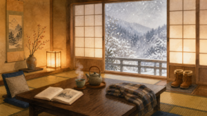雪を眺めながら温かな宿の部屋でお茶と読書を楽しむ生成ビジュアル