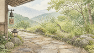 庭の草むらを離れていくヘビと安全な距離を描いた生成ビジュアル