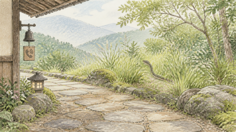 庭の草むらを離れていくヘビと安全な距離を描いた生成ビジュアル