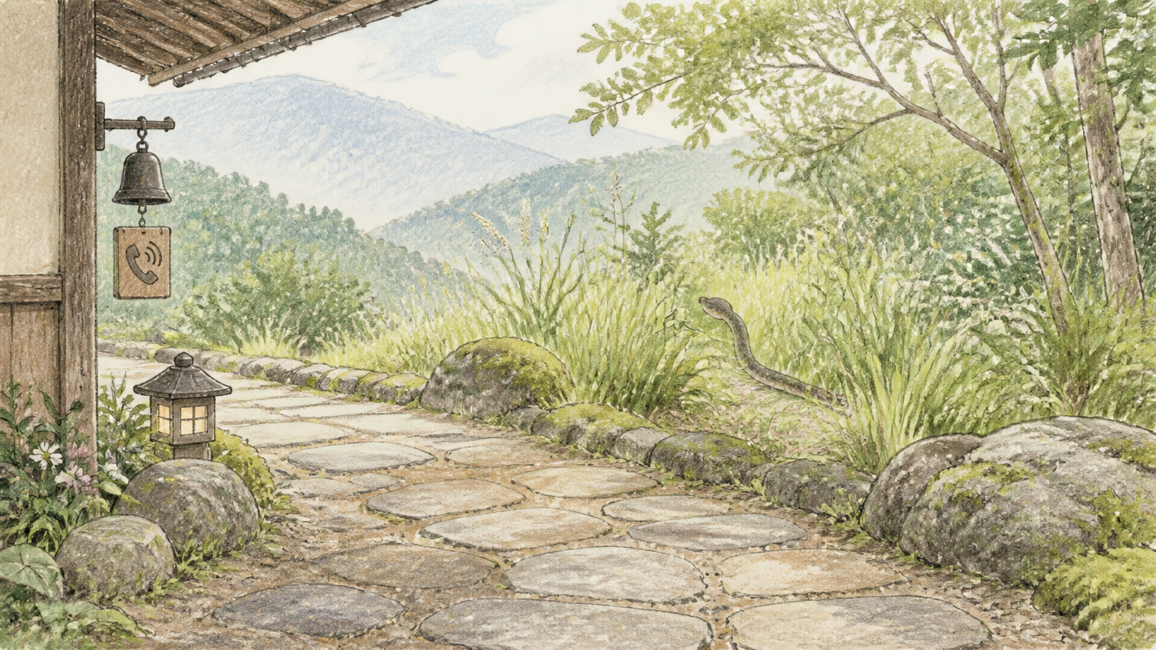 庭の草むらを離れていくヘビと安全な距離を描いた生成ビジュアル