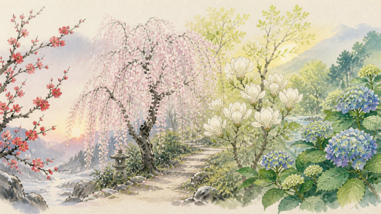 梅、しだれ桜、木蓮、紫陽花へと季節が移る春の花のリレーを描いた生成ビジュアル
