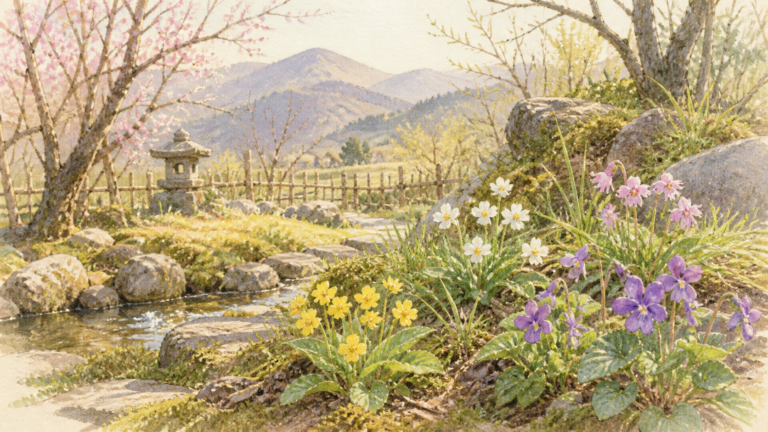 山里の庭に黄白紫の春の花が咲く様子を描いた挿絵