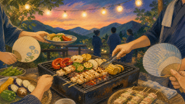 夏の夕暮れにバーベキューを囲む旅館スタッフの交流を描いた生成ビジュアル