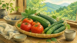 木の台に並ぶトマト、ズッキーニ、きゅうりを描いた夏野菜の生成ビジュアル