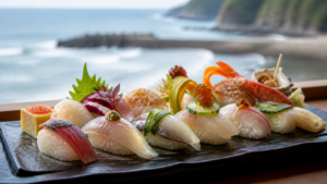 柏崎の海辺で味わった創作寿司を表現した生成イメージ