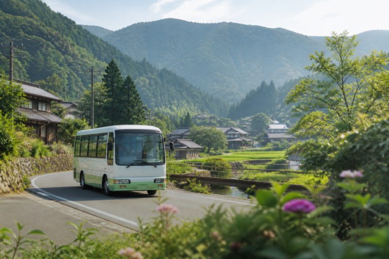 山里を走る小型バスでたくみの里への公共交通の旅を表現した生成ビジュアル