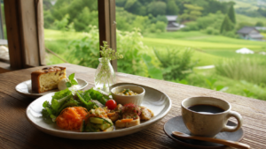 たくみの里のカフェ時間をイメージした地元野菜のランチとケーキとコーヒーの生成画像
