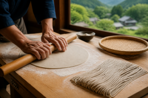 木の作業台でそば生地を伸ばす、たくみの里のそば打ち体験を表現した生成イメージ
