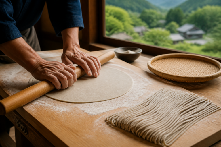 木の作業台でそば生地を伸ばす、たくみの里のそば打ち体験を表現した生成イメージ