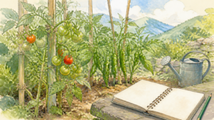 色づき始めたミニトマトと実るししとうを描いた夏の菜園の生成ビジュアル