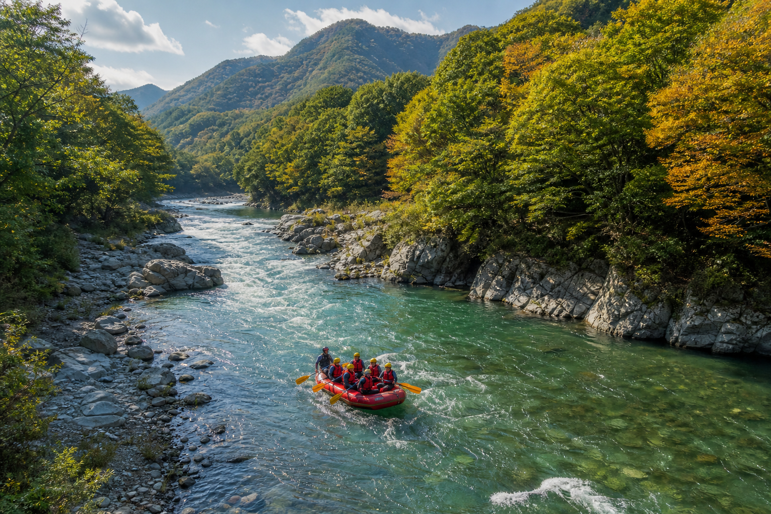 秋の山々に囲まれた利根川を進むラフティングのイメージ